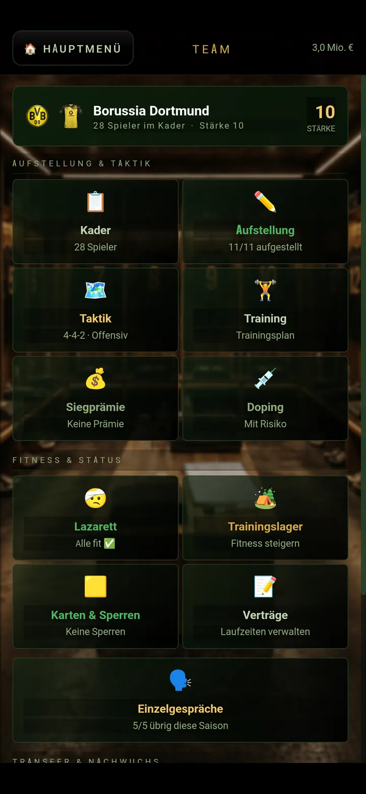 Team-Übersicht mit Kader, Aufstellung, Training und Verträgen