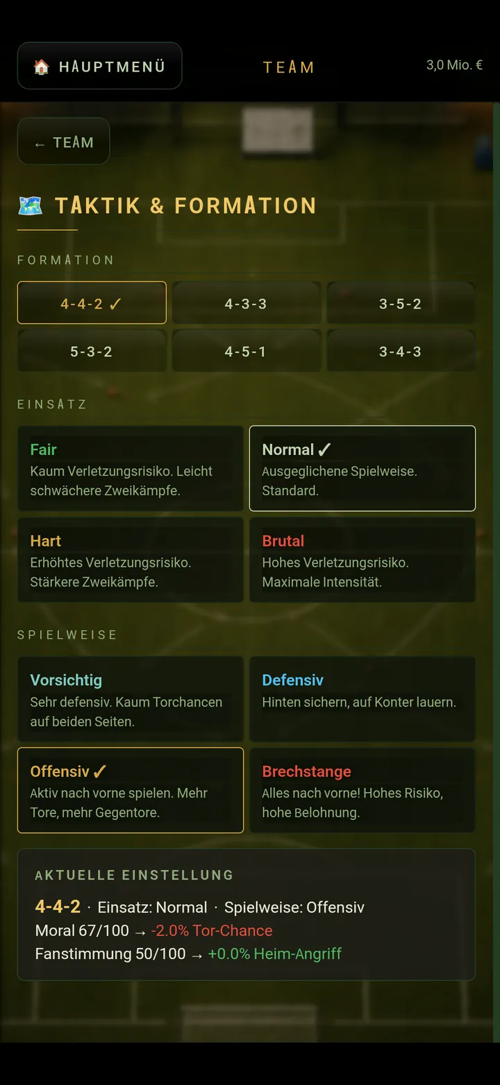 Taktik und Formation mit Einsatz- und Spielweise-Auswahl