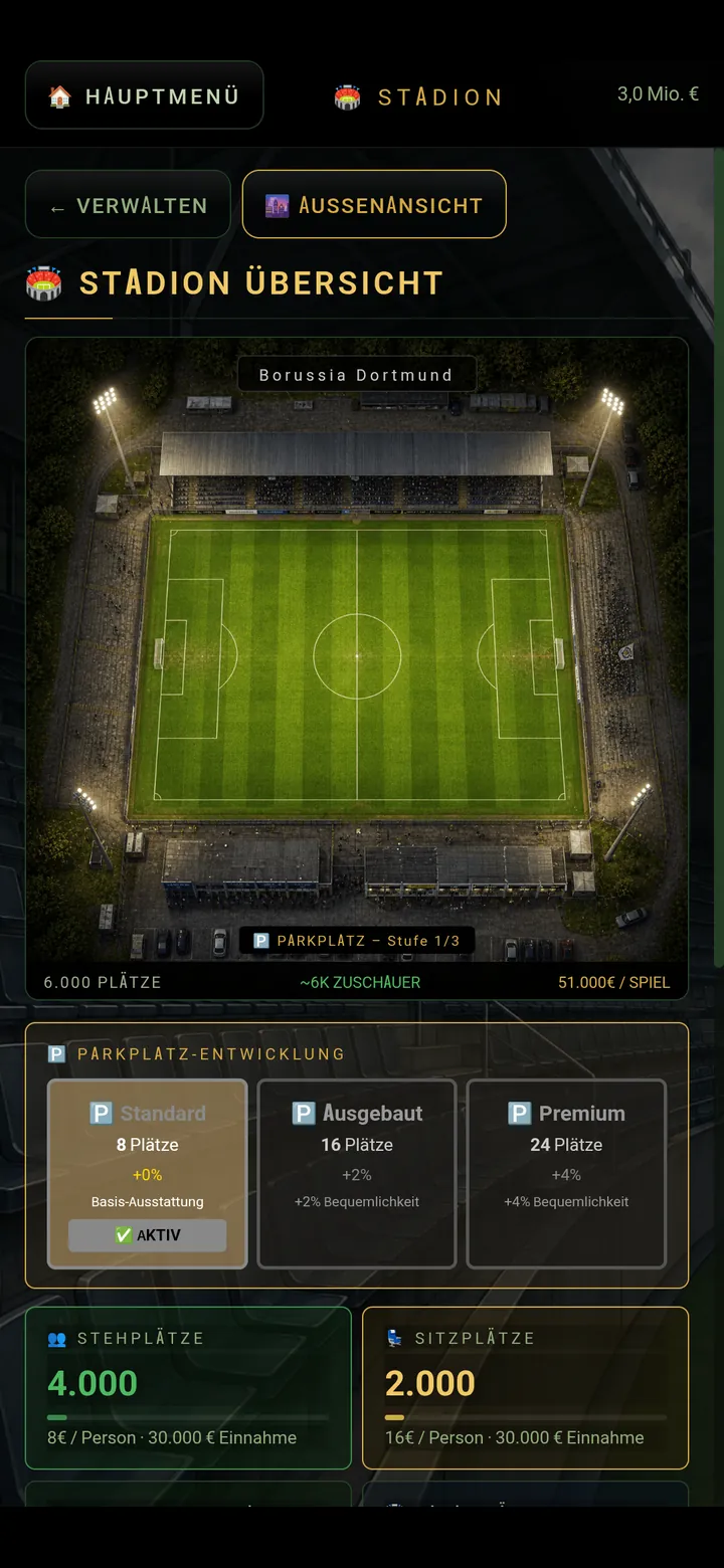 Stadion-Übersicht mit Plätzen, Parkplatz-Ausbau und Einnahmen