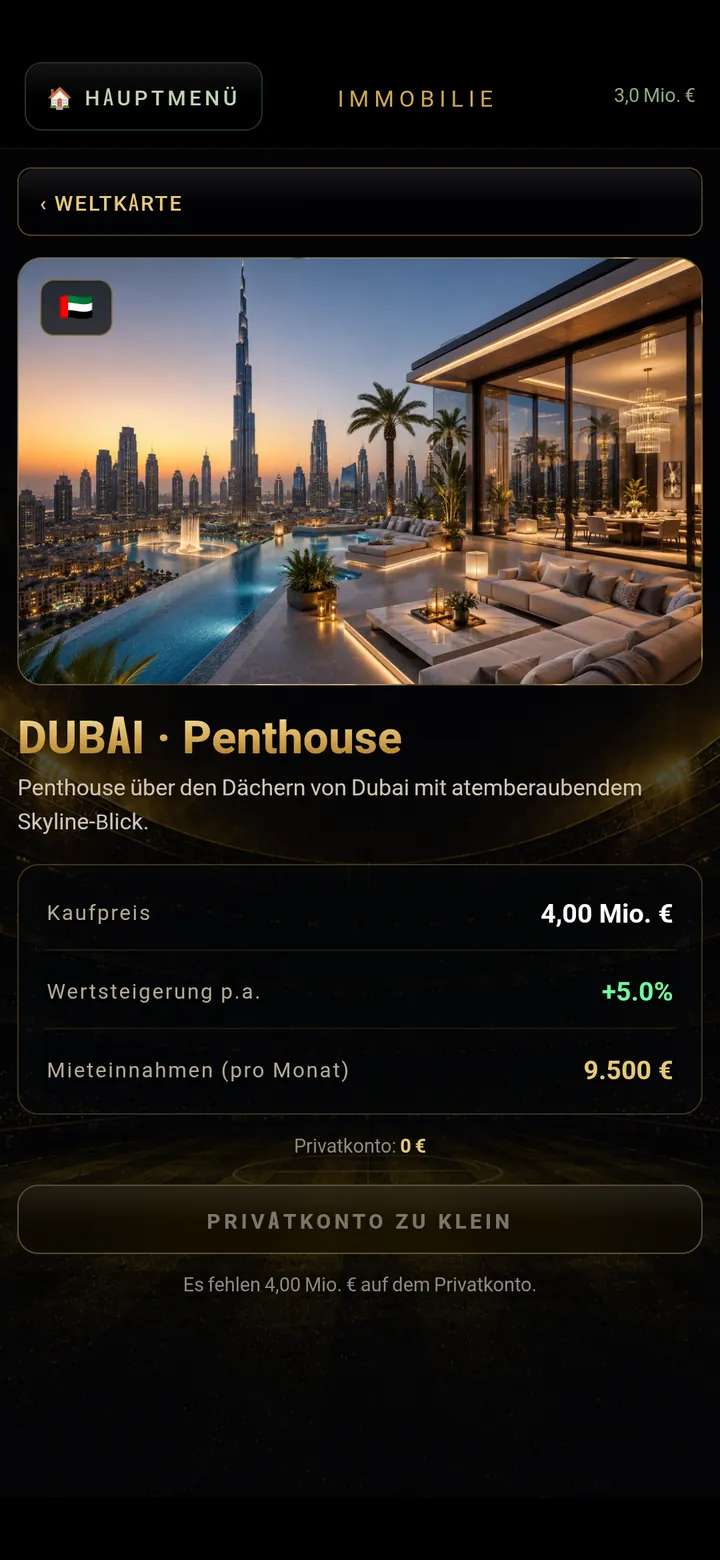 Detailansicht einer Immobilie mit Kaufpreis und Mieteinnahmen
