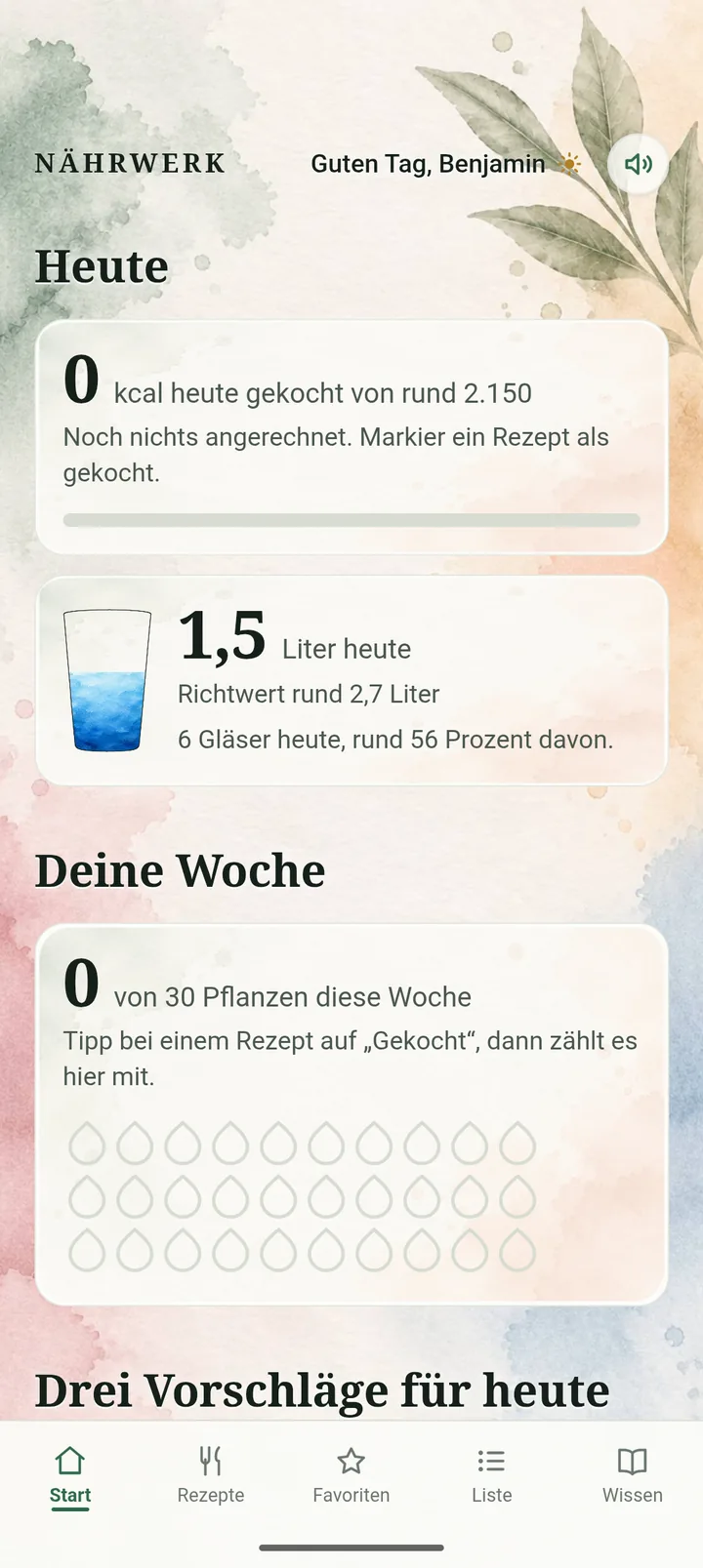 Tages&uuml;bersicht mit Kalorien, Wasserstand und dem Wochen&uuml;berblick zu Pflanzen