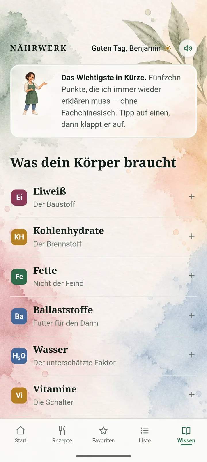 Wissensbereich &bdquo;Was dein K&ouml;rper braucht&ldquo; mit Eiwei&szlig;, Kohlenhydraten und Fetten